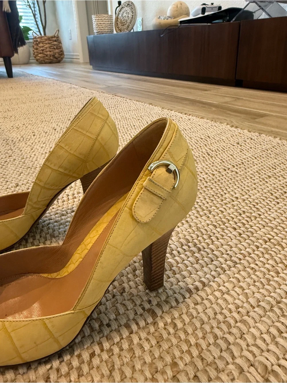 Sergio Rossi Yellow Croc-Embossed Peep-Toe Pumps